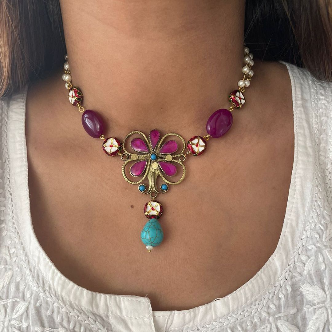 Floral Purple & Turquoise Choker